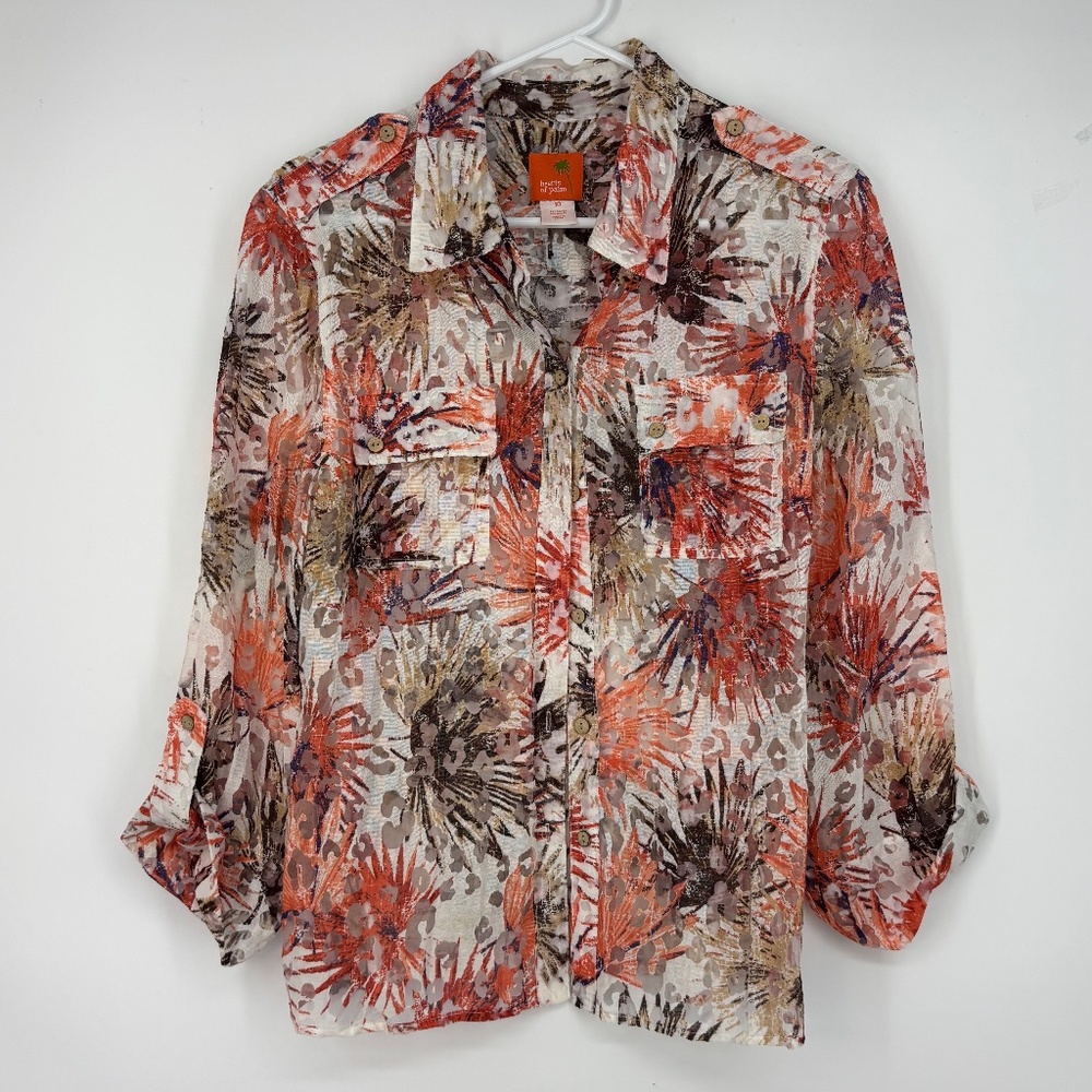 Hearts of Palm Womens Size 10 Button Front Big Shirt Orange Brown Print Sheer LS